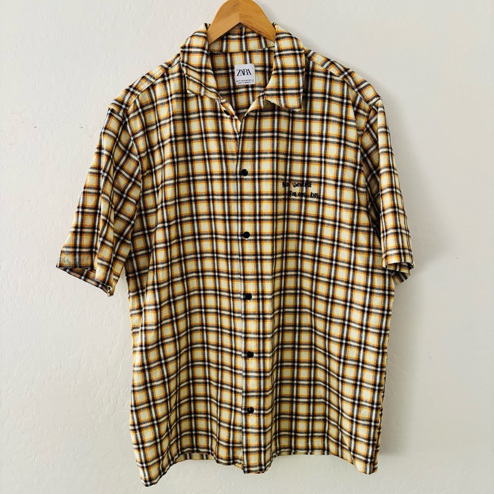 Zara Yellow Casual‎ Button Down Shirt Checkered Men’s Plaid Medium Short Sleeve